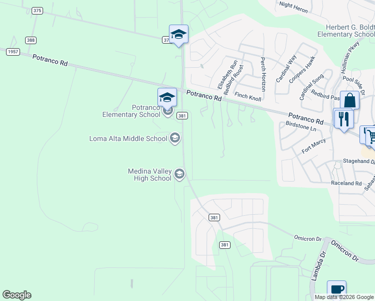 map of restaurants, bars, coffee shops, grocery stores, and more near 15556 Potranco Road in San Antonio