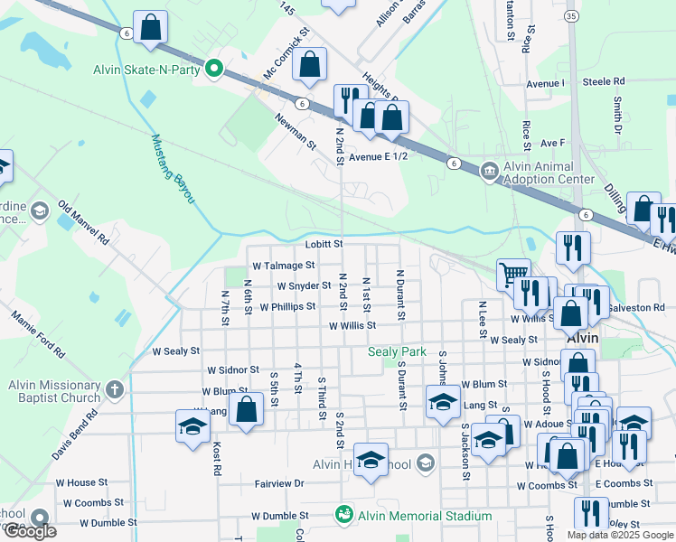 map of restaurants, bars, coffee shops, grocery stores, and more near 409 North 2nd Street in Alvin