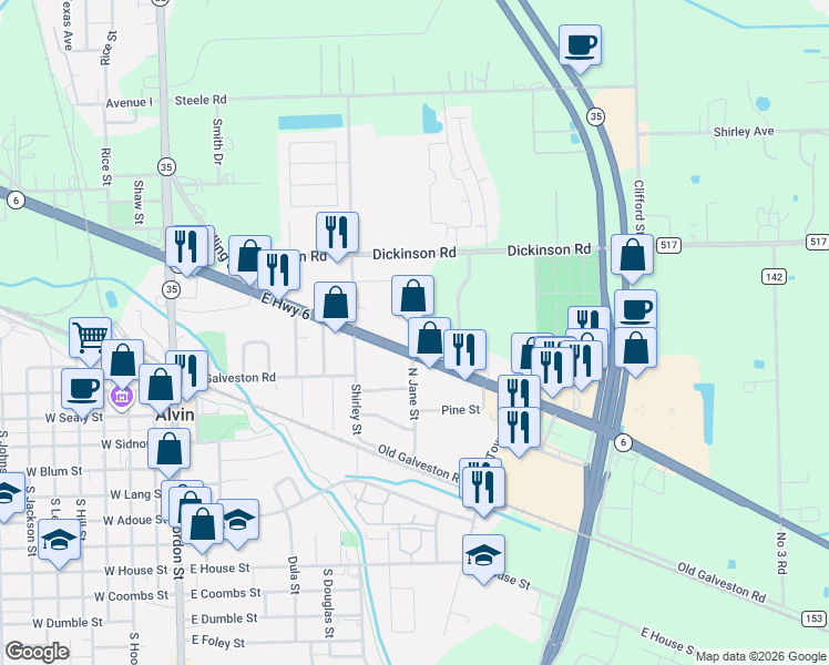 map of restaurants, bars, coffee shops, grocery stores, and more near 1101 East Highway 6 in Alvin