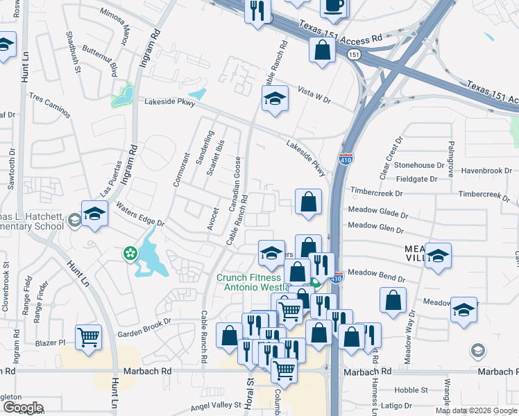 map of restaurants, bars, coffee shops, grocery stores, and more near 1526 Cable Ranch Road in San Antonio