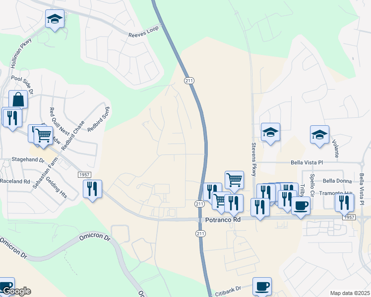 map of restaurants, bars, coffee shops, grocery stores, and more near Stevens Parkway in San Antonio