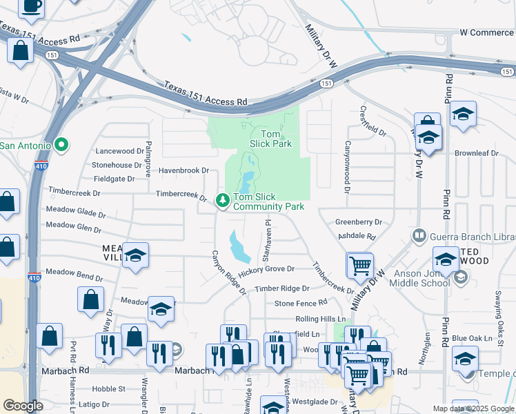 map of restaurants, bars, coffee shops, grocery stores, and more near 7207 Timbercreek Drive in San Antonio