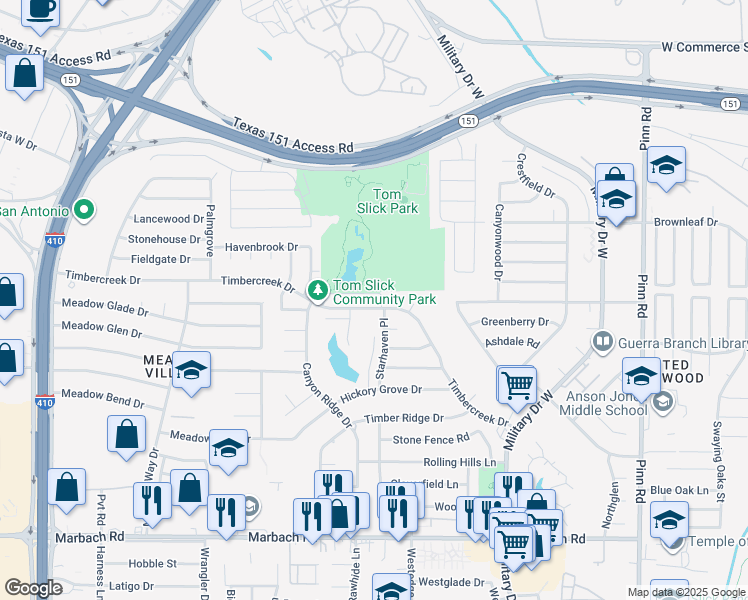 map of restaurants, bars, coffee shops, grocery stores, and more near 7207 Timbercreek Drive in San Antonio