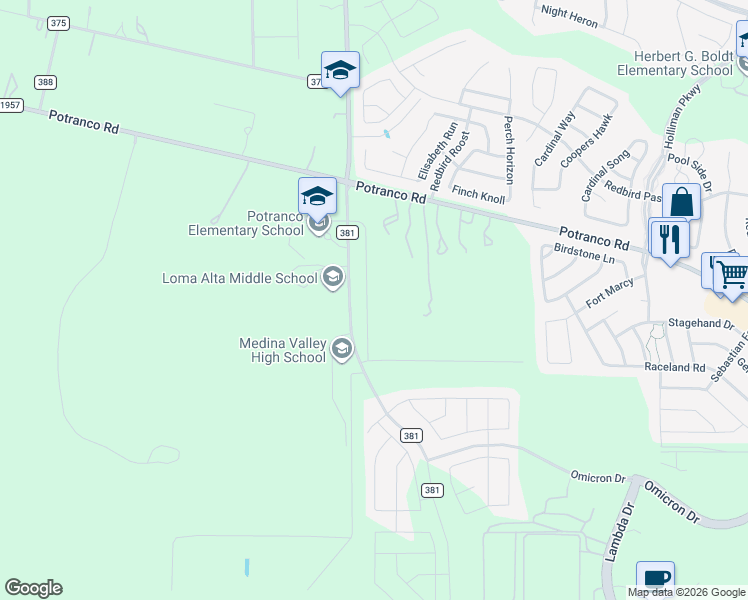 map of restaurants, bars, coffee shops, grocery stores, and more near 15514-15556 Potranco Road in San Antonio