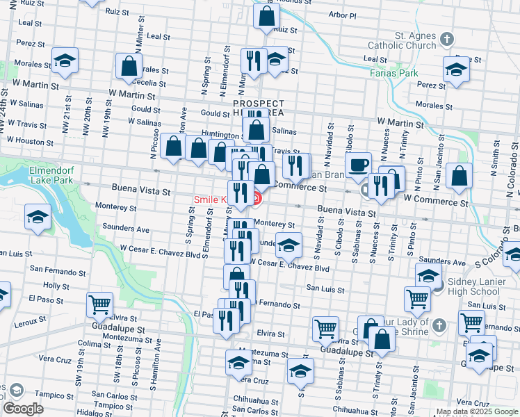 map of restaurants, bars, coffee shops, grocery stores, and more near 2502 Buena Vista Street in San Antonio