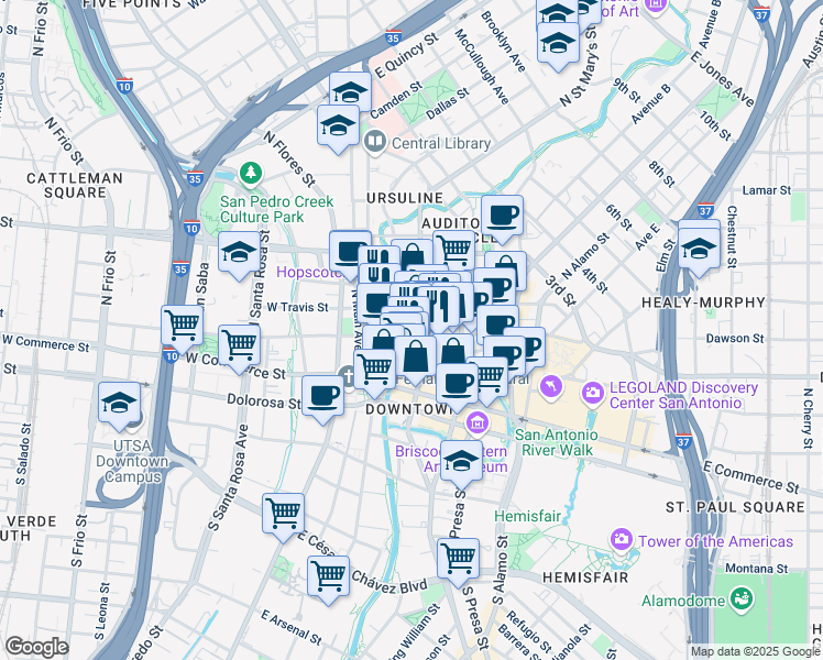 map of restaurants, bars, coffee shops, grocery stores, and more near 175 East Houston Street in San Antonio