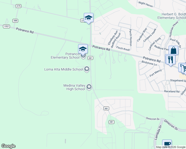 map of restaurants, bars, coffee shops, grocery stores, and more near 15556 Potranco Road in San Antonio