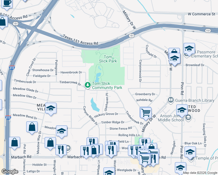 map of restaurants, bars, coffee shops, grocery stores, and more near 7129 Timbercreek Drive in San Antonio