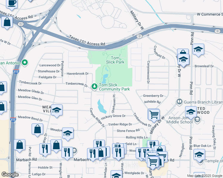 map of restaurants, bars, coffee shops, grocery stores, and more near 7207 Timbercreek Drive in San Antonio