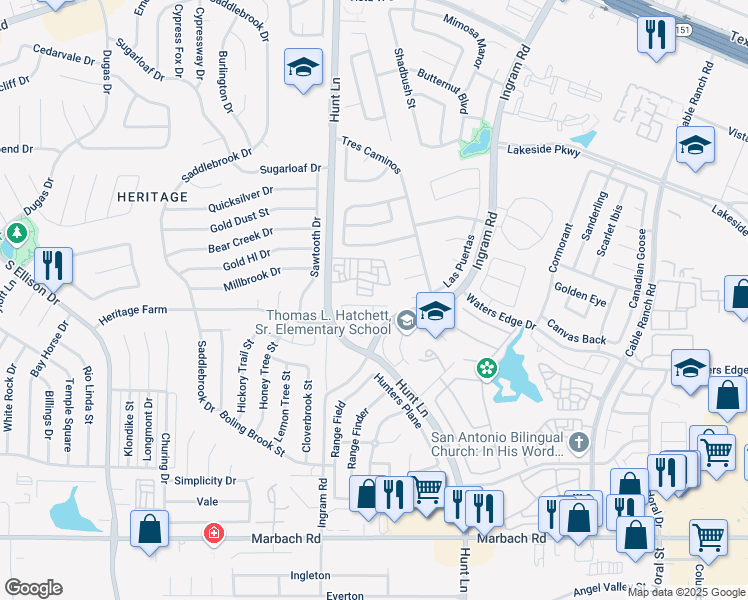 map of restaurants, bars, coffee shops, grocery stores, and more near 534 Hunt Lane in San Antonio