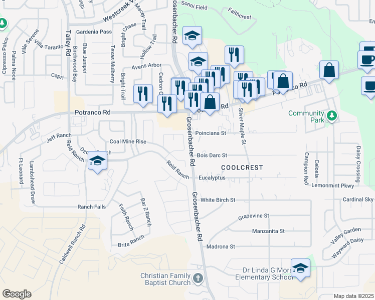 map of restaurants, bars, coffee shops, grocery stores, and more near 634 Fort Concho in San Antonio