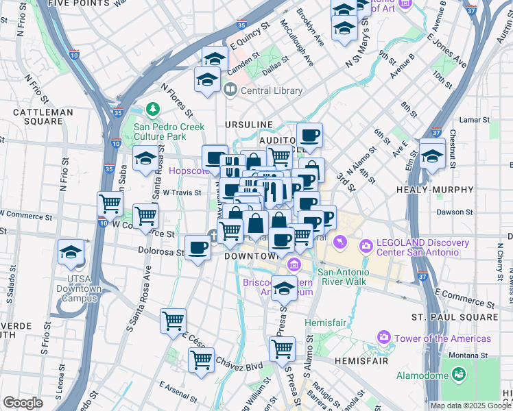map of restaurants, bars, coffee shops, grocery stores, and more near 175 East Houston Street in San Antonio