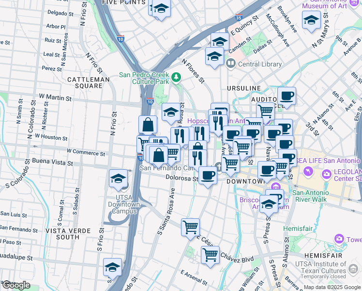map of restaurants, bars, coffee shops, grocery stores, and more near 343 West Houston Street in San Antonio