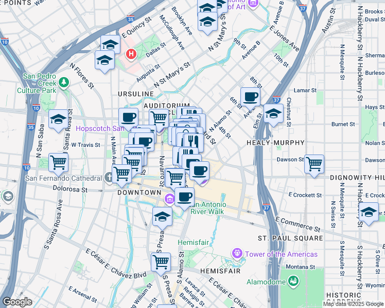 map of restaurants, bars, coffee shops, grocery stores, and more near 519 East Houston Street in San Antonio