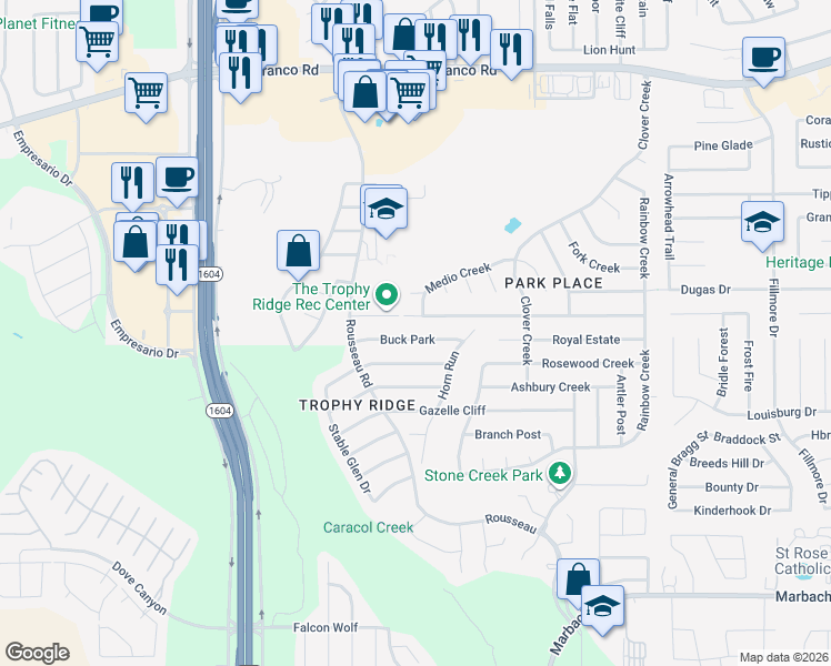 map of restaurants, bars, coffee shops, grocery stores, and more near 10646 Manor Creek in San Antonio