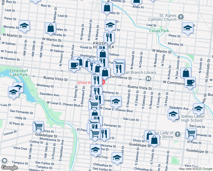 map of restaurants, bars, coffee shops, grocery stores, and more near 2502 Buena Vista Street in San Antonio