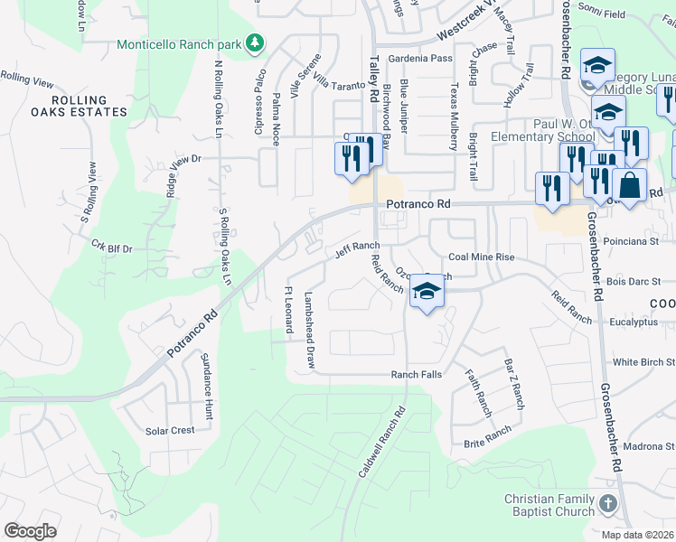 map of restaurants, bars, coffee shops, grocery stores, and more near 12840 Potranco Road in San Antonio