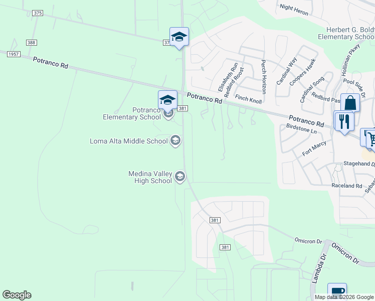 map of restaurants, bars, coffee shops, grocery stores, and more near 15556 Potranco Road in San Antonio