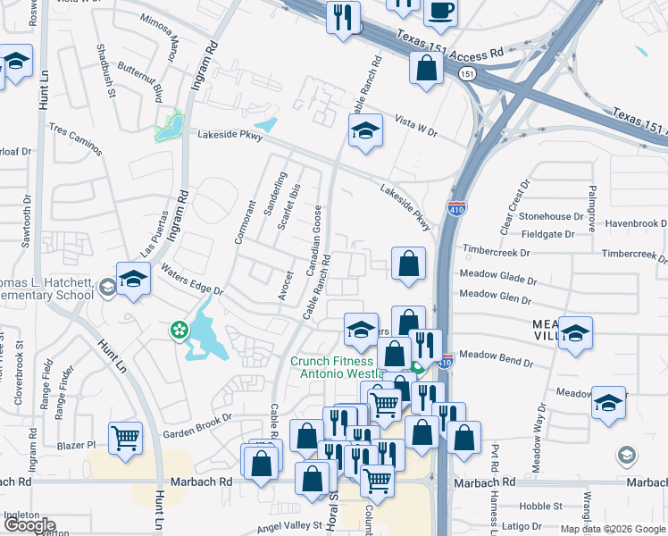 map of restaurants, bars, coffee shops, grocery stores, and more near 1526 Cable Ranch Road in San Antonio