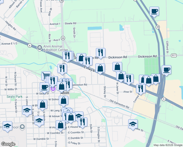 map of restaurants, bars, coffee shops, grocery stores, and more near 602 West State Highway 6 in Alvin