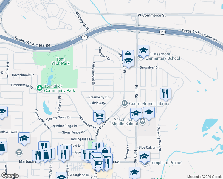 map of restaurants, bars, coffee shops, grocery stores, and more near 7018 Belgreen Drive in San Antonio