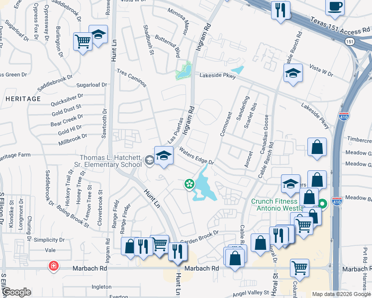 map of restaurants, bars, coffee shops, grocery stores, and more near 9046 Halbert Falls in San Antonio
