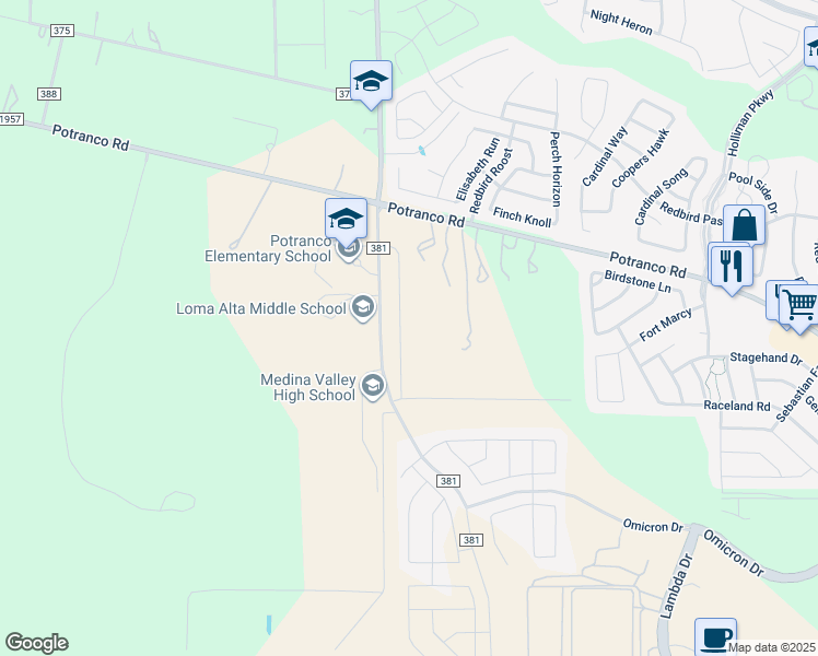 map of restaurants, bars, coffee shops, grocery stores, and more near 15514-15556 Potranco Road in San Antonio