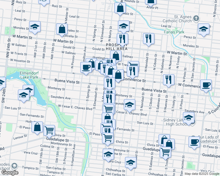 map of restaurants, bars, coffee shops, grocery stores, and more near 2616 Buena Vista Street in San Antonio