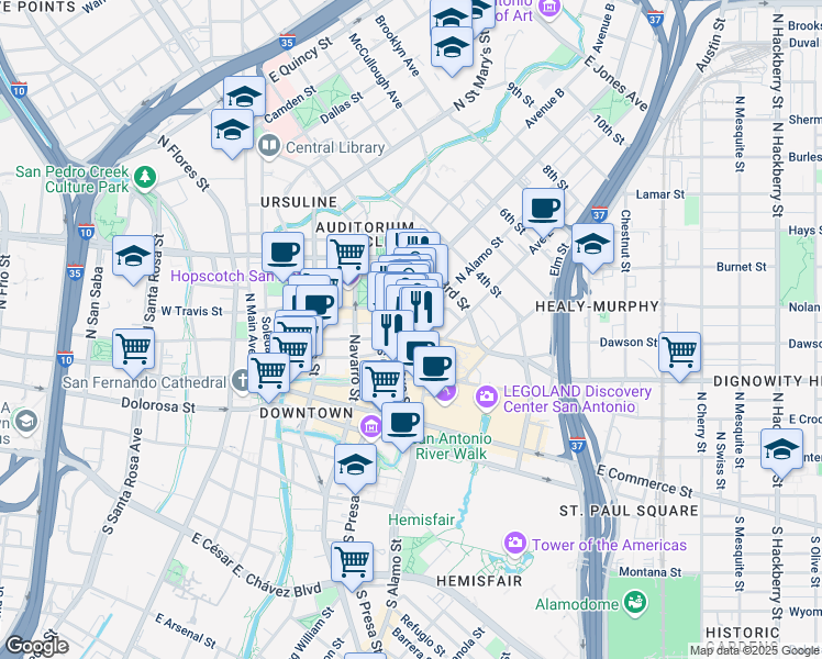 map of restaurants, bars, coffee shops, grocery stores, and more near 519 East Houston Street in San Antonio