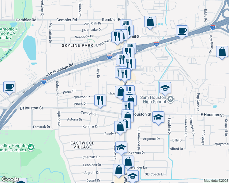 map of restaurants, bars, coffee shops, grocery stores, and more near 115 Motel Drive in San Antonio