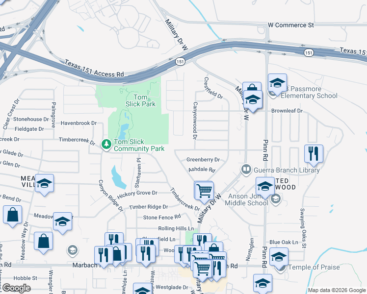 map of restaurants, bars, coffee shops, grocery stores, and more near 7119 Castleridge Drive in San Antonio