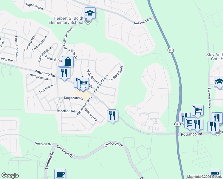 map of restaurants, bars, coffee shops, grocery stores, and more near 602 Red Quill Nest in San Antonio
