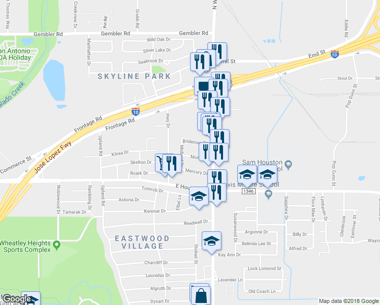 map of restaurants, bars, coffee shops, grocery stores, and more near 115 Motel Drive in San Antonio