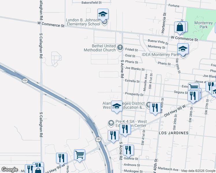 map of restaurants, bars, coffee shops, grocery stores, and more near 527 South Acme Road in San Antonio