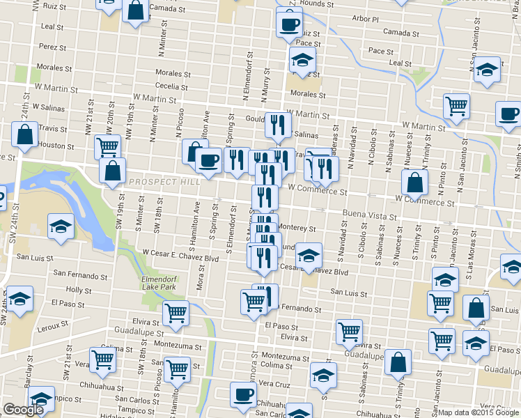 map of restaurants, bars, coffee shops, grocery stores, and more near 2616 Buena Vista Street in San Antonio