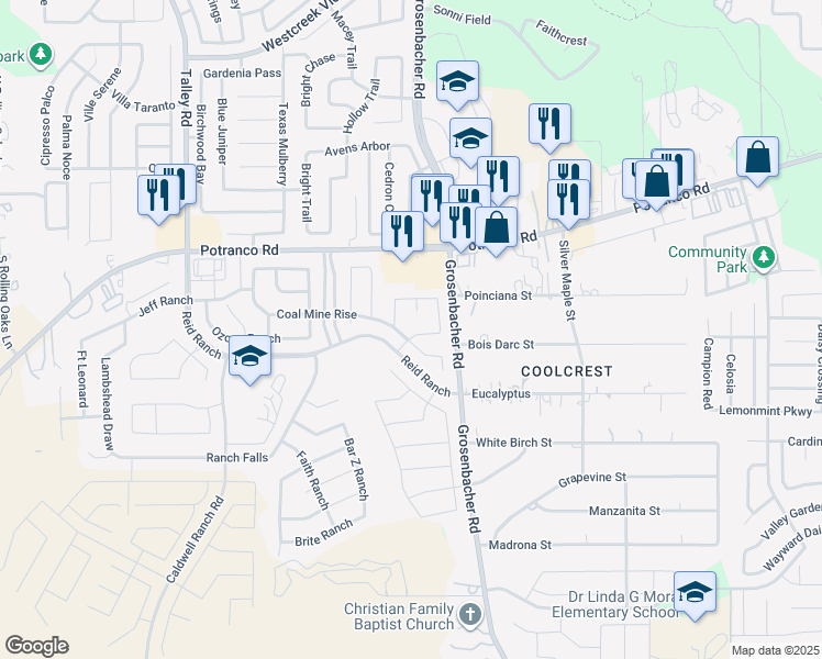 map of restaurants, bars, coffee shops, grocery stores, and more near 12327 Fort Chadborne in San Antonio