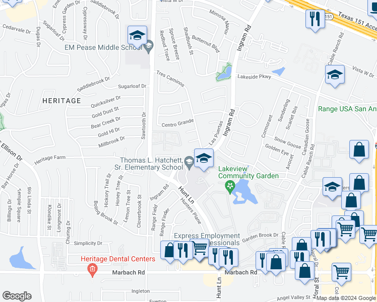 map of restaurants, bars, coffee shops, grocery stores, and more near 835 Las Puertas in San Antonio