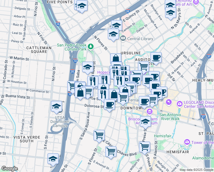 map of restaurants, bars, coffee shops, grocery stores, and more near 110 West Houston Street in San Antonio