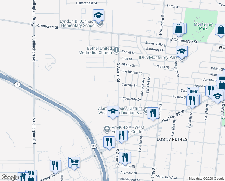 map of restaurants, bars, coffee shops, grocery stores, and more near 527 South Acme Road in San Antonio