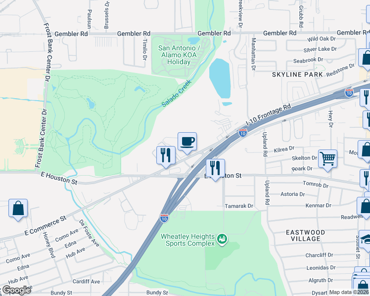 map of restaurants, bars, coffee shops, grocery stores, and more near 3623 East Commerce Street in San Antonio