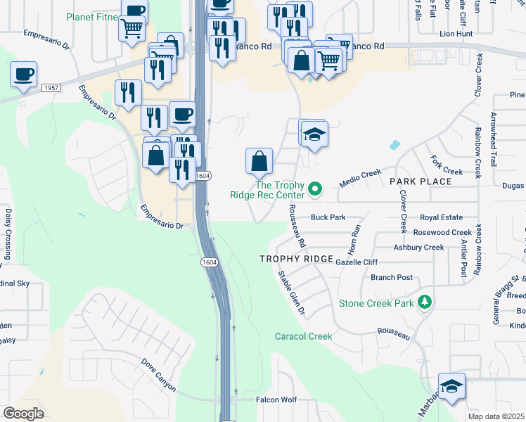 map of restaurants, bars, coffee shops, grocery stores, and more near 507 Cattle Ranch Drive in San Antonio