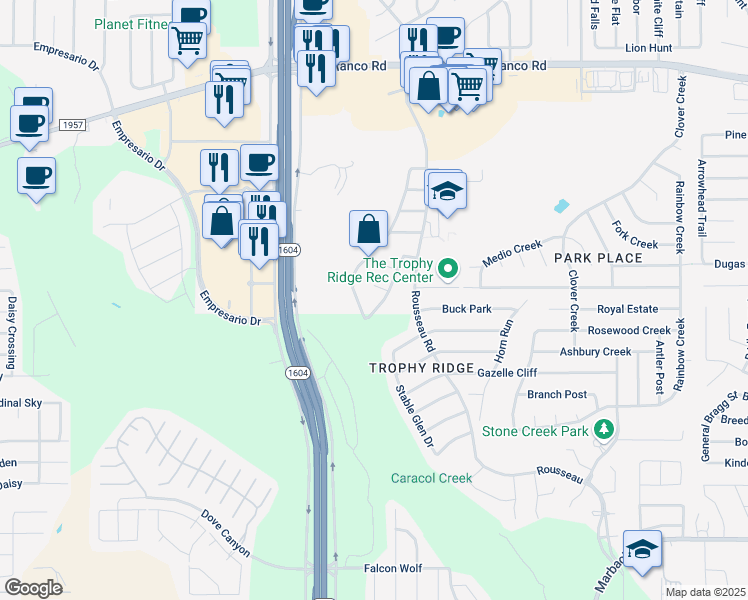 map of restaurants, bars, coffee shops, grocery stores, and more near 507 Cattle Ranch Drive in San Antonio