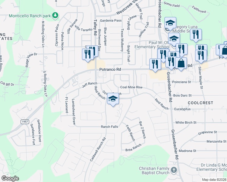 map of restaurants, bars, coffee shops, grocery stores, and more near 527 Blocker Ranch in San Antonio