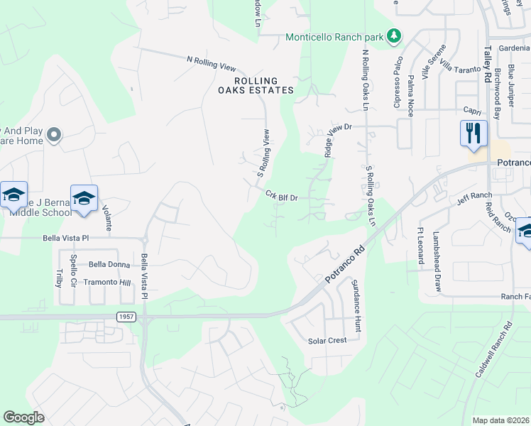 map of restaurants, bars, coffee shops, grocery stores, and more near 609 Timber Bluff in San Antonio