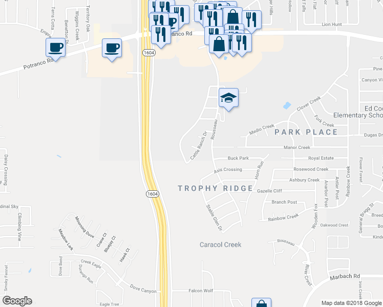 map of restaurants, bars, coffee shops, grocery stores, and more near 507 Cattle Ranch Dr in San Antonio