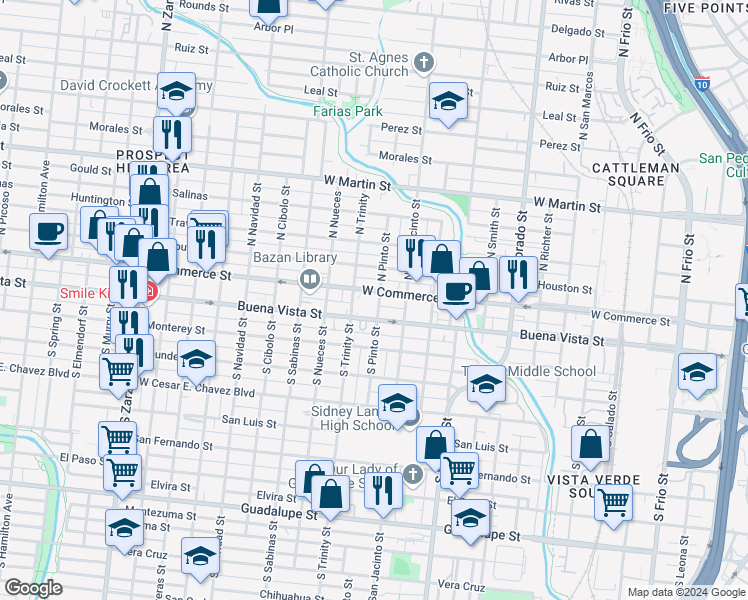 map of restaurants, bars, coffee shops, grocery stores, and more near 2006 West Commerce Street in San Antonio