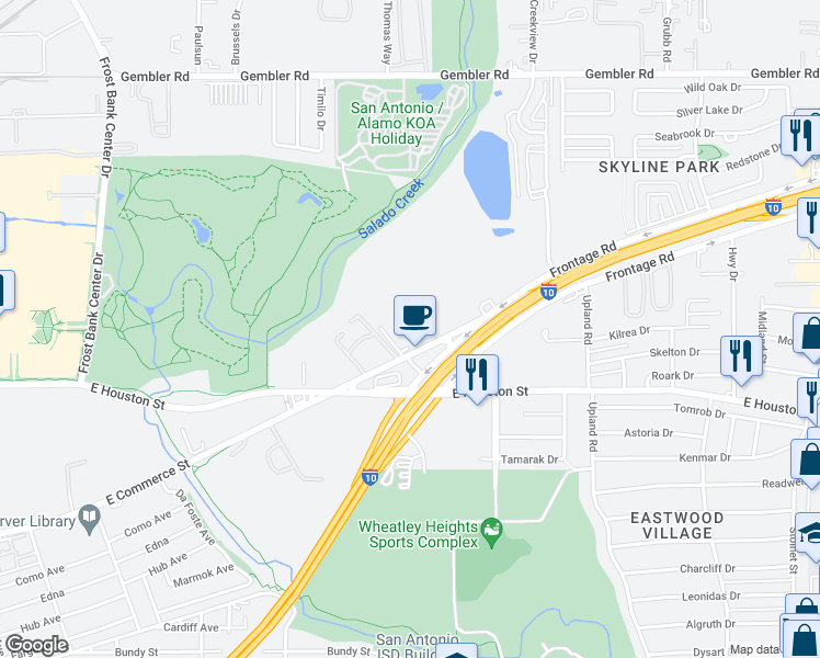 map of restaurants, bars, coffee shops, grocery stores, and more near 3815 East Commerce Street in San Antonio