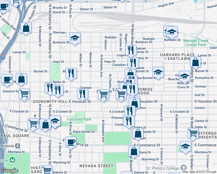 map of restaurants, bars, coffee shops, grocery stores, and more near 115 Saint Charles in San Antonio