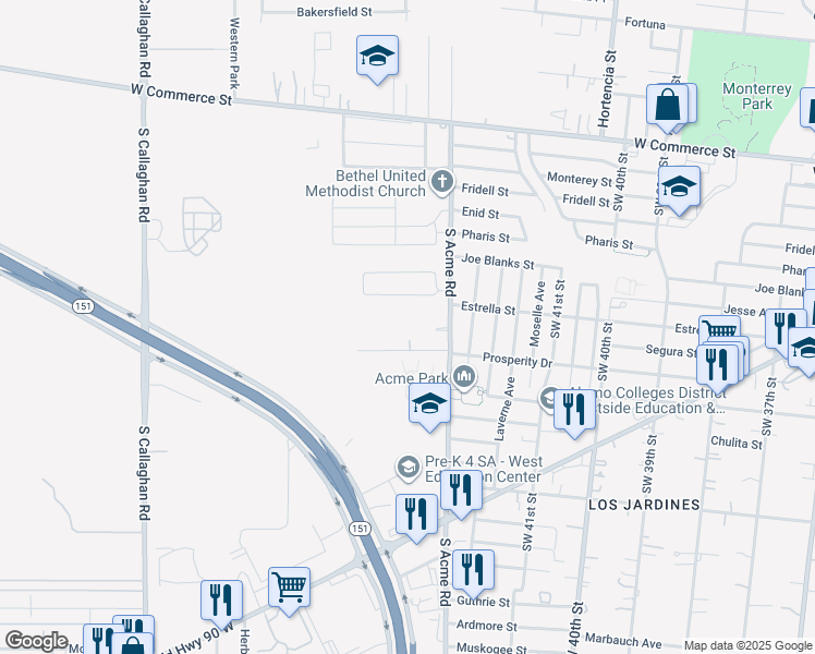 map of restaurants, bars, coffee shops, grocery stores, and more near 527 South Acme Road in San Antonio