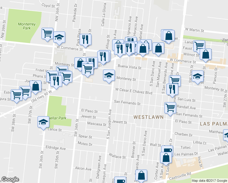 map of restaurants, bars, coffee shops, grocery stores, and more near 408 South San Joaquin Avenue in San Antonio